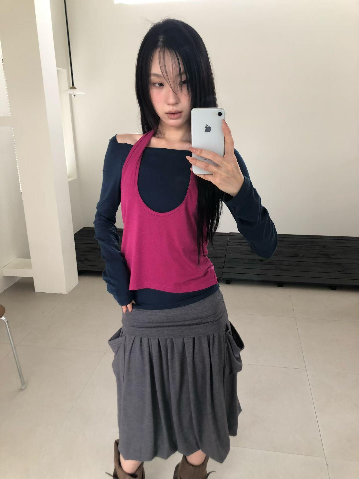 掛脖背心+一字領上衣兩件組